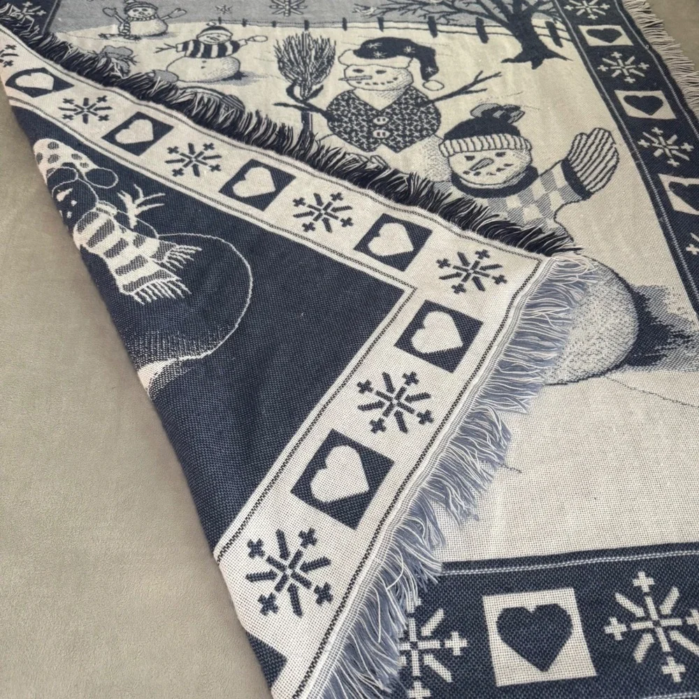 Vintage Welcome to Snowtown Snowman Family Throw Tapestry Blanket Blue Gray EUC‎